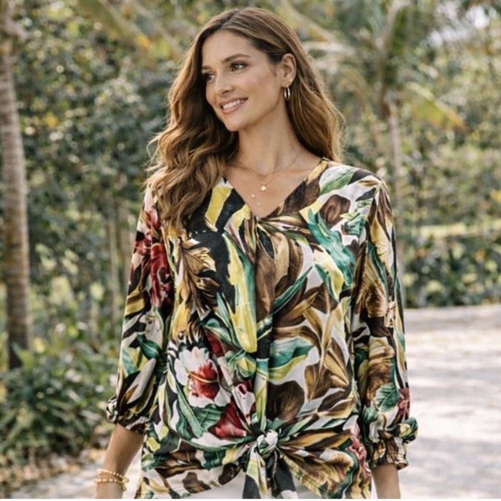 XL Chico’s Tropical Boho Floral Tie-Front V-Neck Blouse - Multicolor